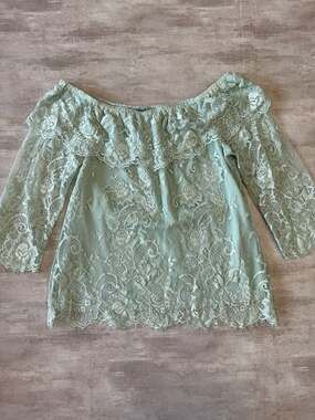 White House Black Market Mint Green Off-the-Shoulder Lace Blouse XS